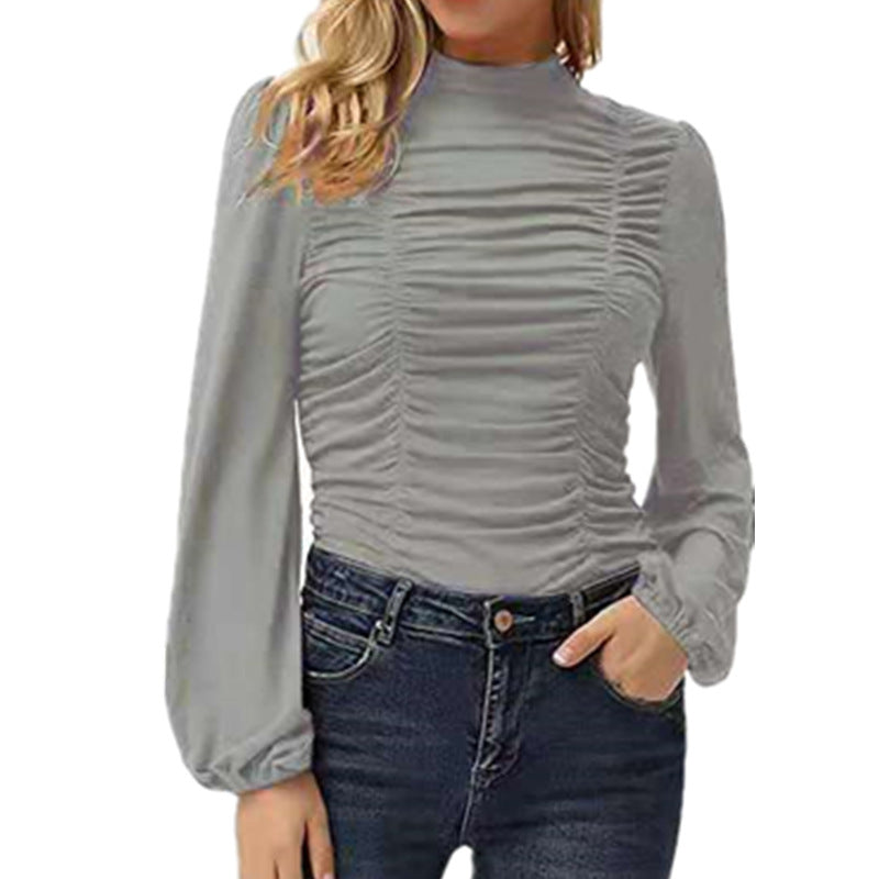 Women's Color Long Lantern Sleeve Turtleneck Pleated Blouses