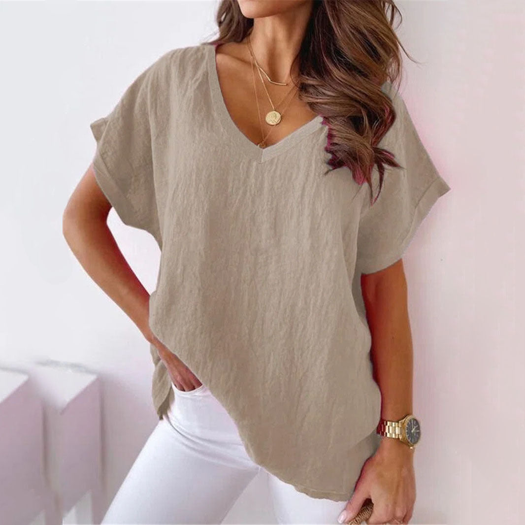 Women's Batwing Sleeve V-neck Solid Color Cotton Linen Blouses