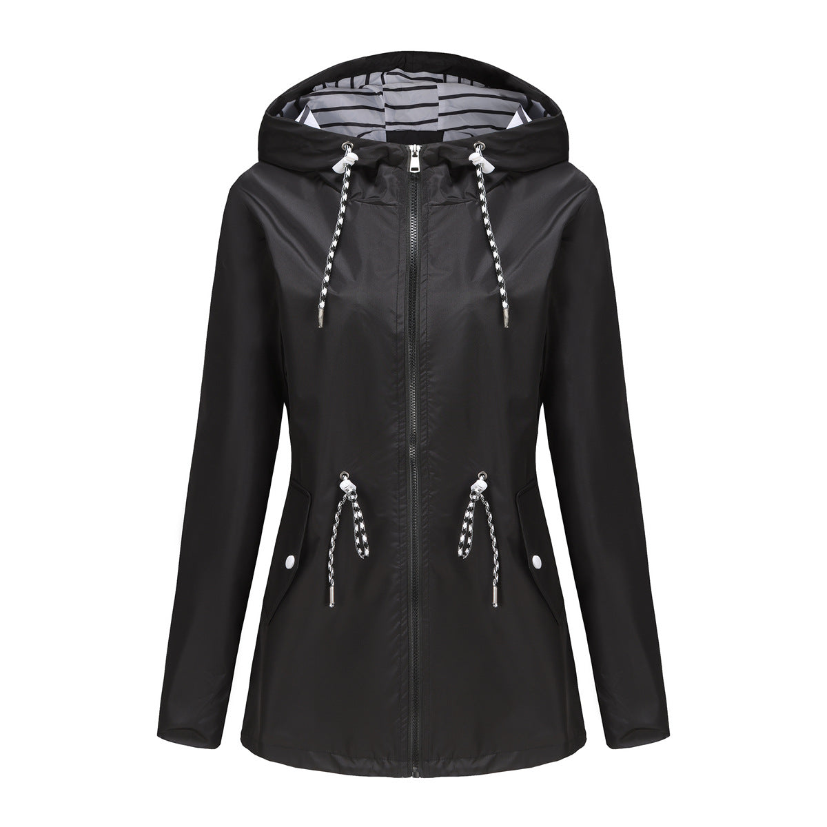 Women's Long-sleeved Waterproof Mid-length Trench Hooded Striped Coats