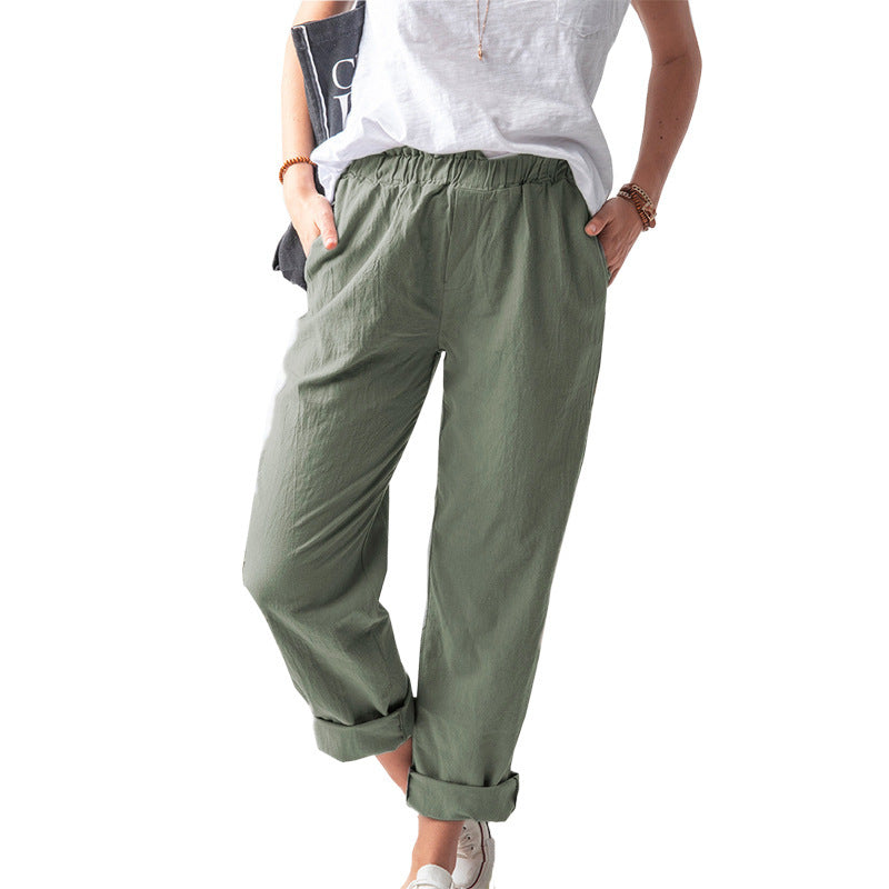 Women's Linen Trousers Solid Color Elastic High Waist Pants