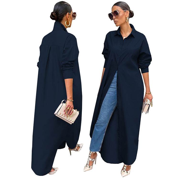 Women's Fashion Casual Solid Color Long Shirt Coats