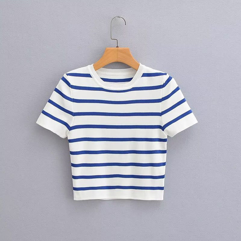 Women's Summer Ice Silk Stripes Knitted Sleeve Blouses