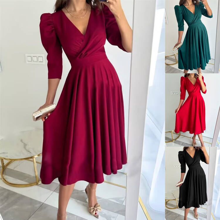 Women's Solid Color Pleated Waist Tight Sleeve Dresses