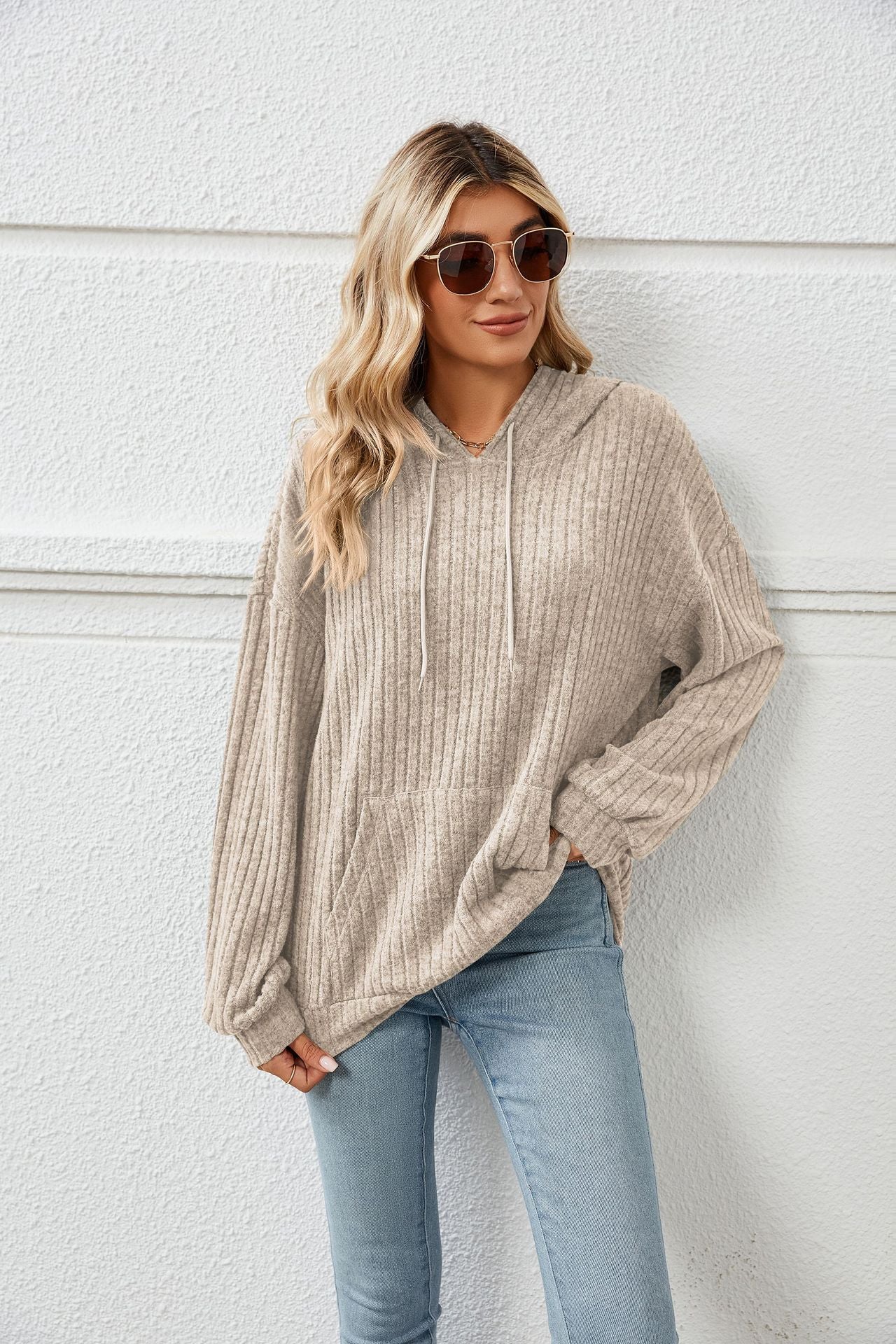 Women's Autumn Hooded Sunken Stripe Kangaroo Pocket Sweaters