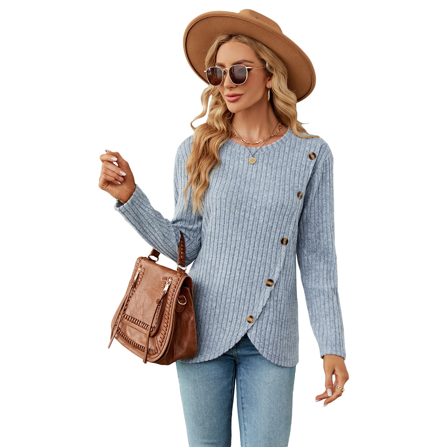 Long Sleeve Round Neck Tulip Hem Blouses