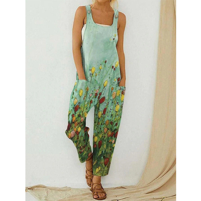 Women's Slouchy Retro Abstract Print Overalls Pants