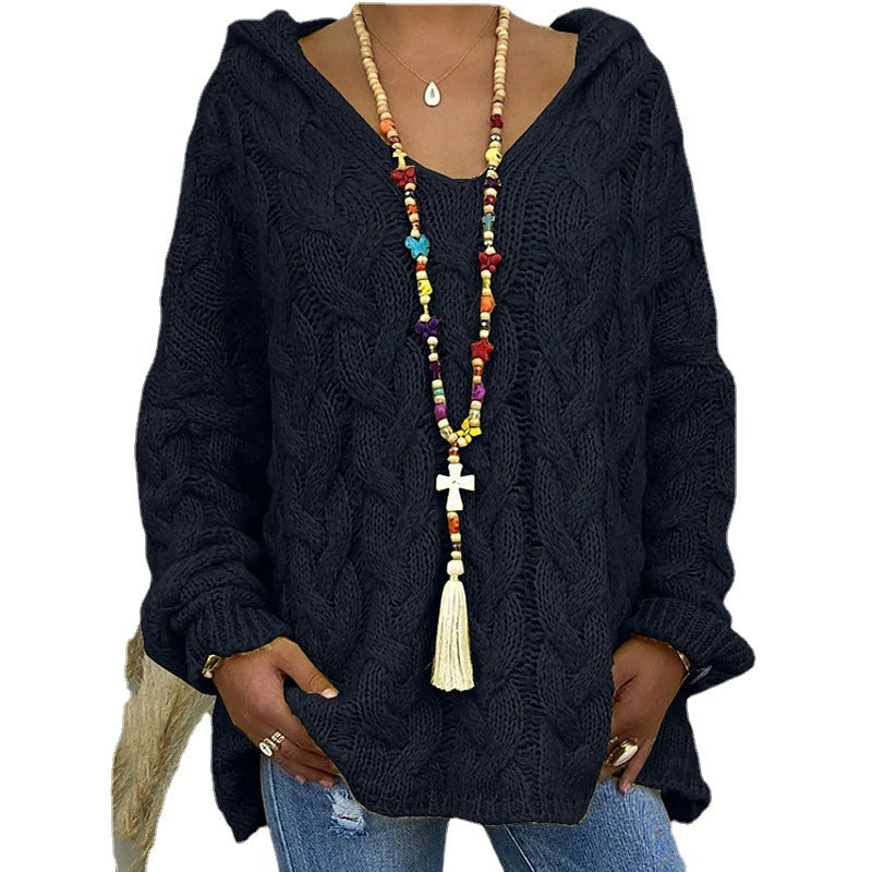 Women's Long Sleeve Hood Knitted Loose Pullover Sweaters