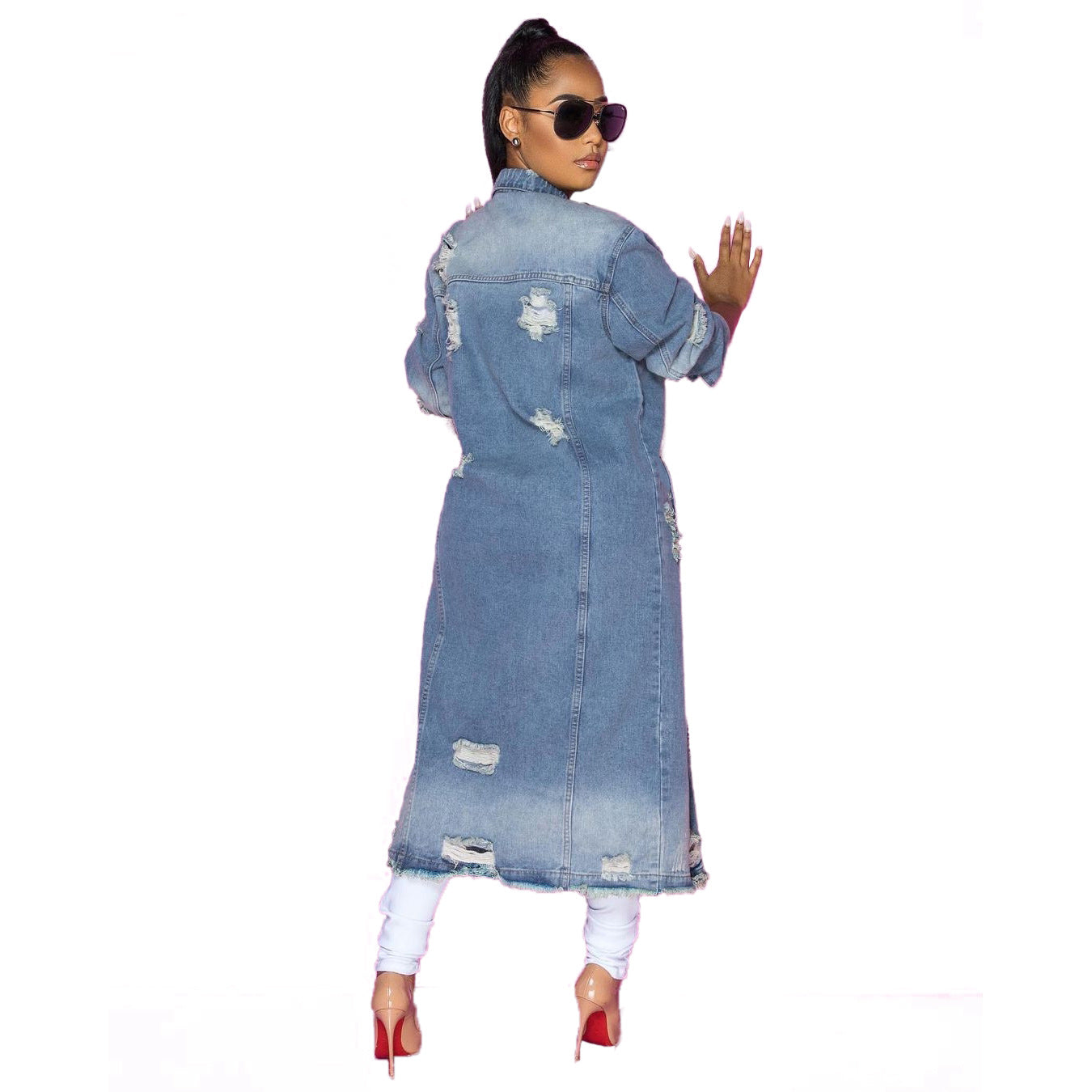 Women's Fashion Ripped Long Sleeves Denim Cloak Coats