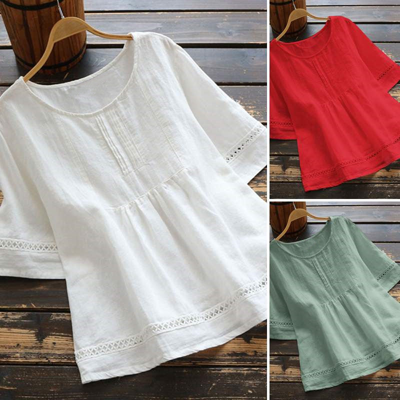 Women's Summer Solid Color Cotton Linen Half Blouses