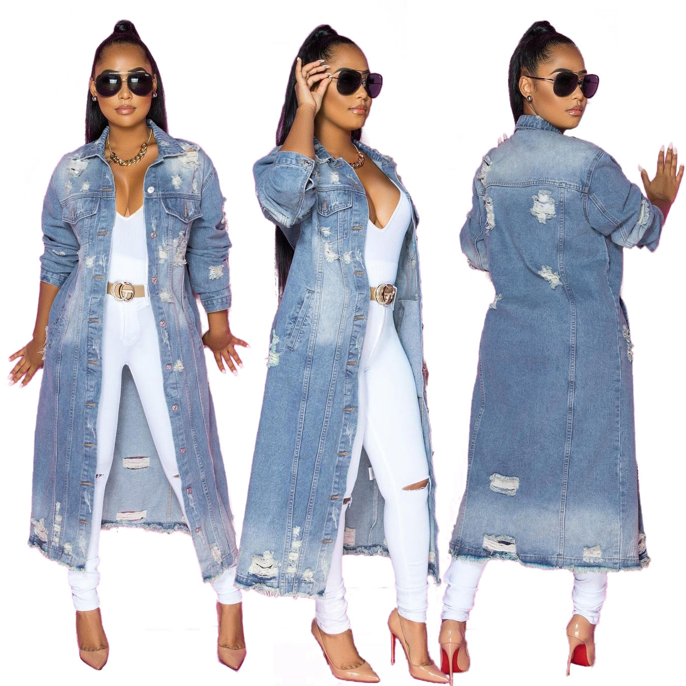 Women's Fashion Ripped Long Sleeves Denim Cloak Coats