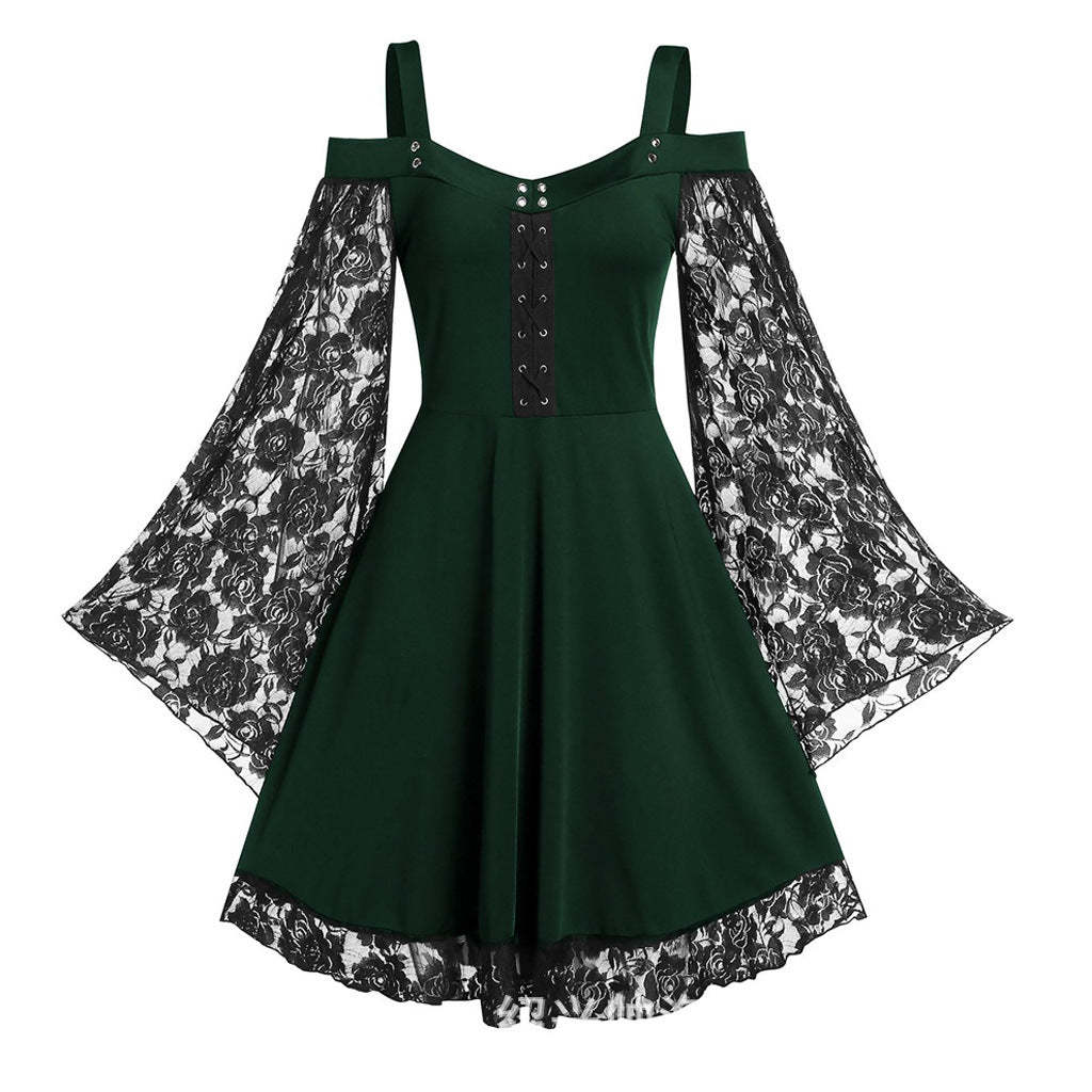 Women's Artistic Retro Lace Stitching Dress Bell Clothing