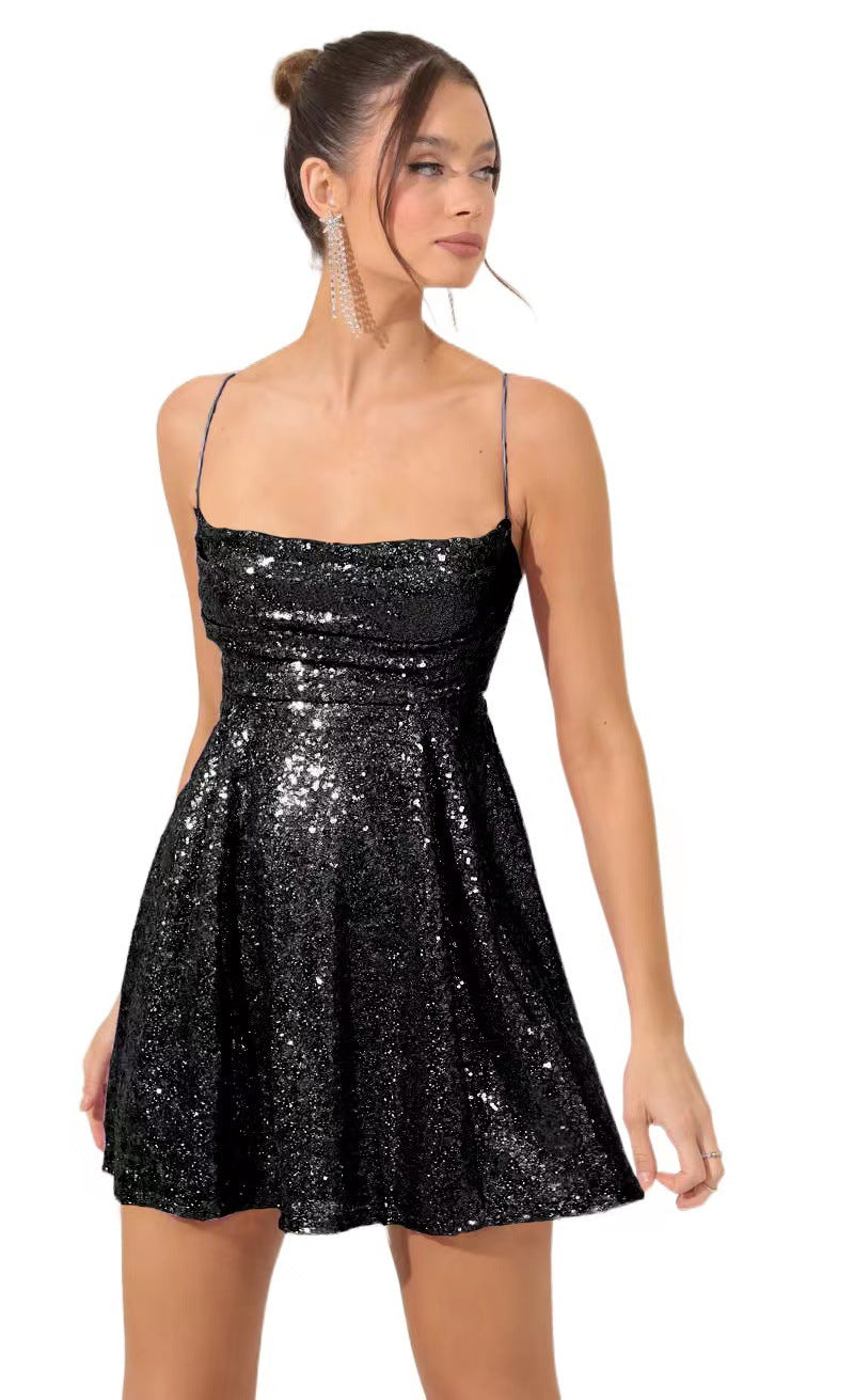 Women's Fashion Sexy Sequined Suspender Bow Dress Dresses