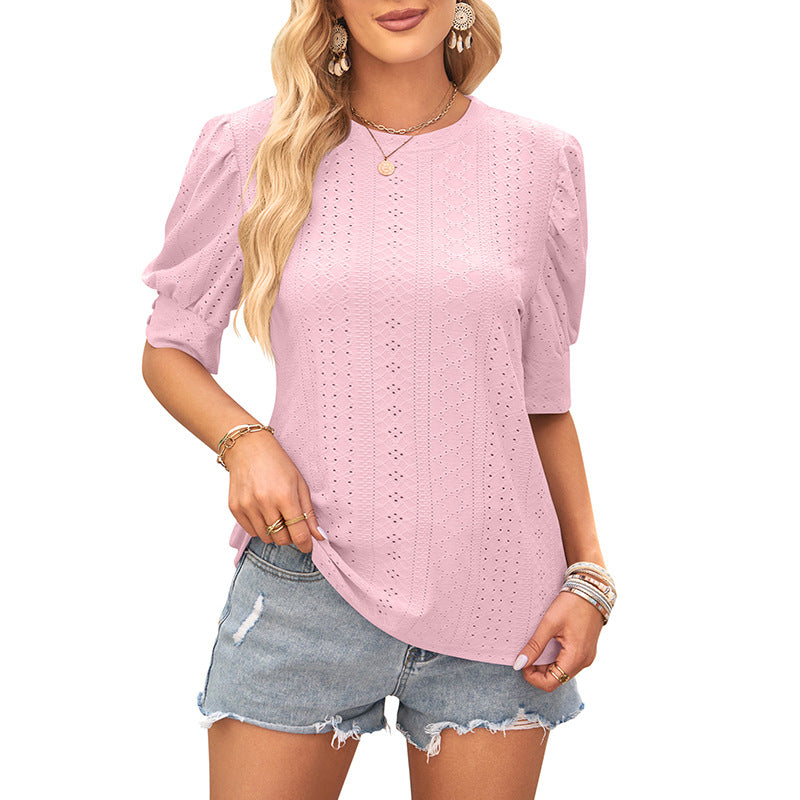 Women's Summer Round Neck Hole Hollow-out Button Blouses