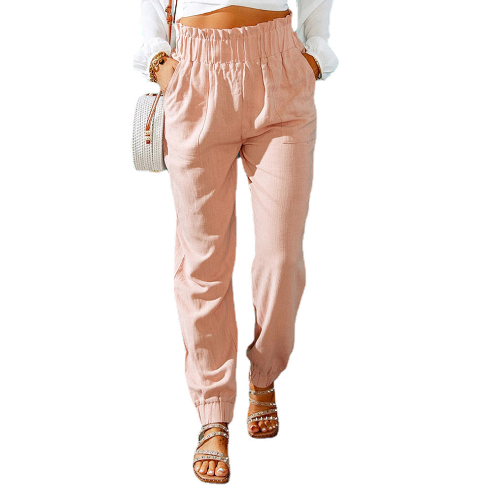 Women's Spring Ruffled Elastic Waist Belt High-waisted Pants