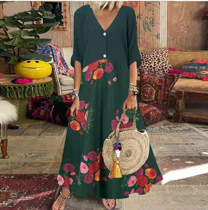 Summer V-neck Sleeve Printed Long Button Dresses