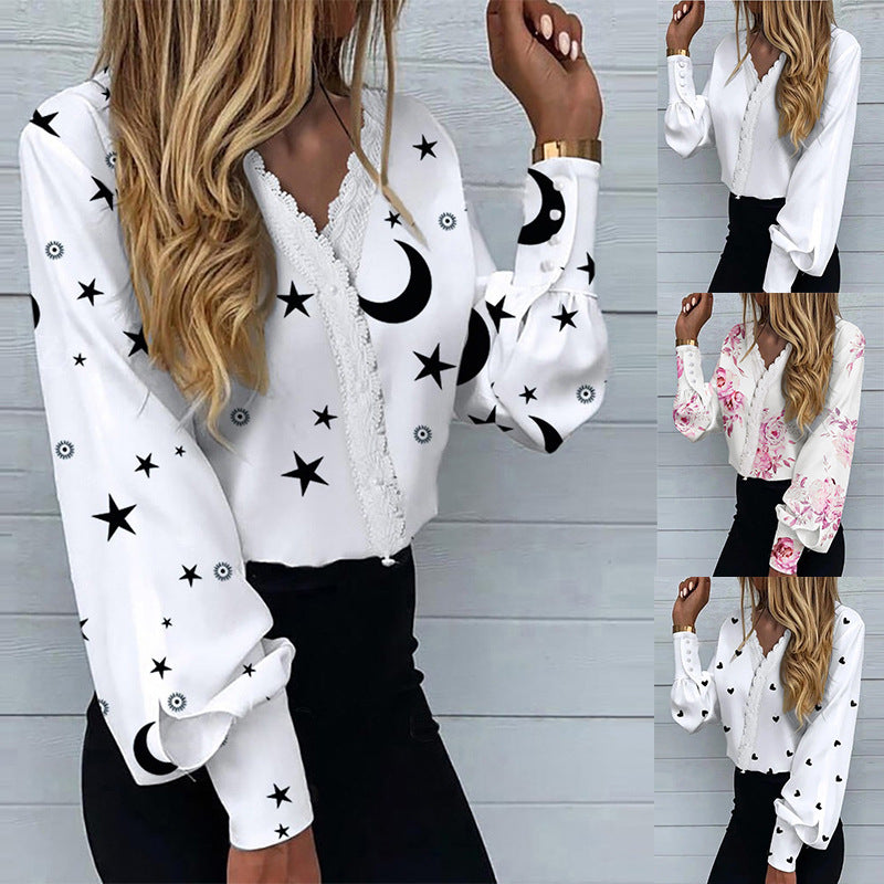 Women's Fashionable Printed Lace Casual Shirt Blouses