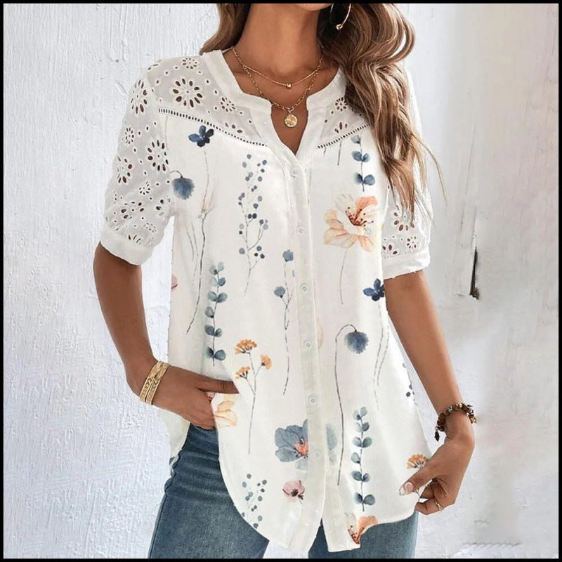 Women's Fashionable Breasted Lapel Short-sleeved Shirt Blouses
