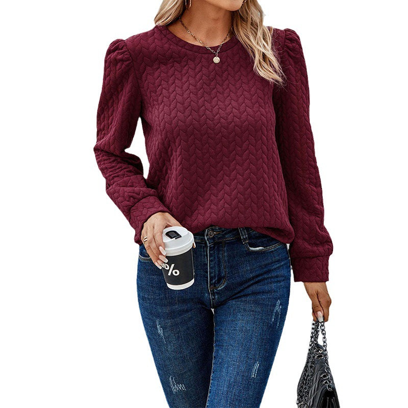 Women's Texture Loose Long Sleeve Round Neck Blouses