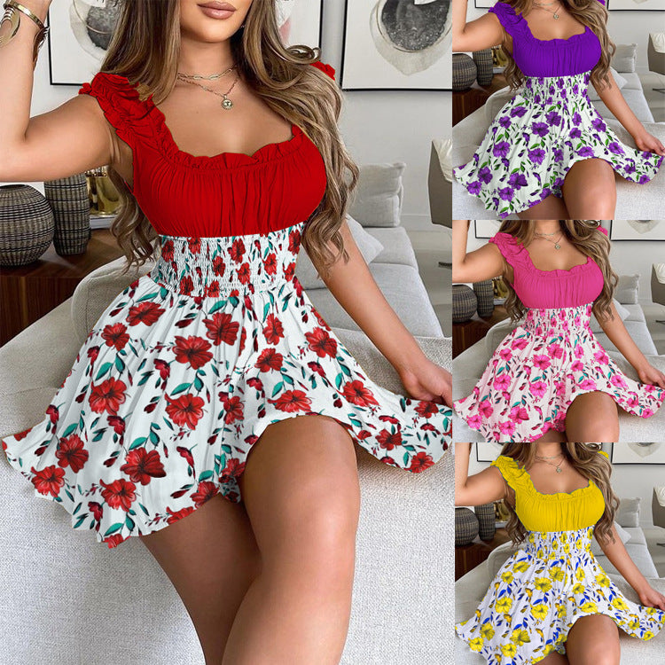 Women's Summer Flower Color Waist Slimming Round Neck Dresses