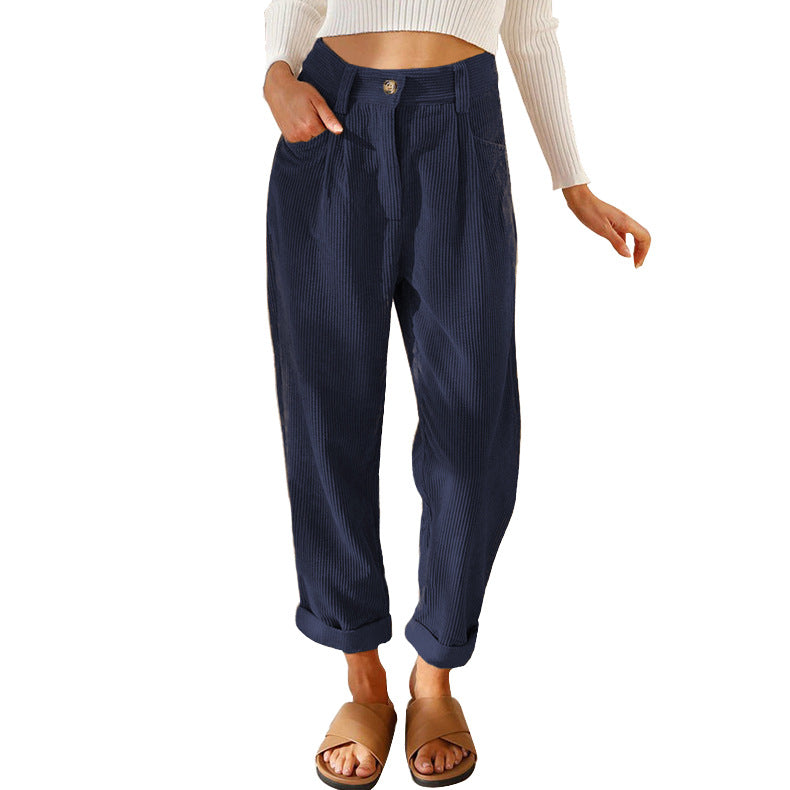 Women's Autumn High Waist Casual Solid Color Corduroy Pants