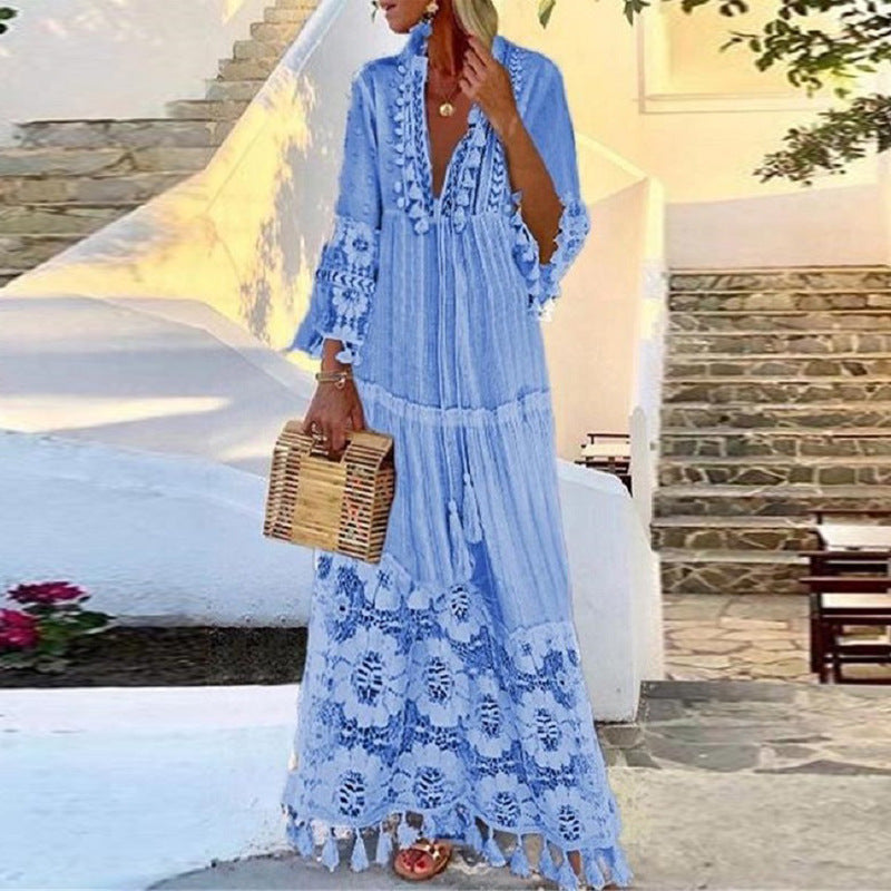 Spring Bohemian Lace Tassel Stitching Beach Vacation Temperament Long Dresses