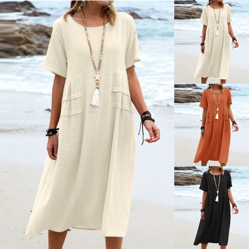 Women's Linen Solid Color Round Neck Sleeves Dresses