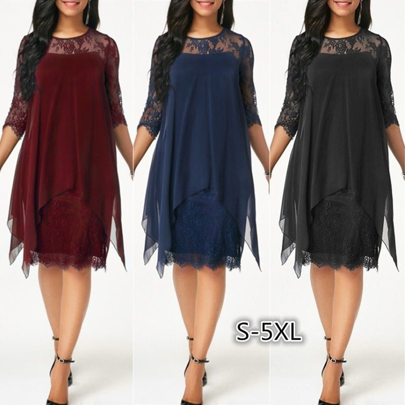 Lace Stitching Three-quarter Sleeve Mid-length Knee-length Chiffon Dresses