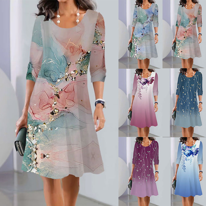 Print Long Sleeve Round Neck Mid-length Dresses