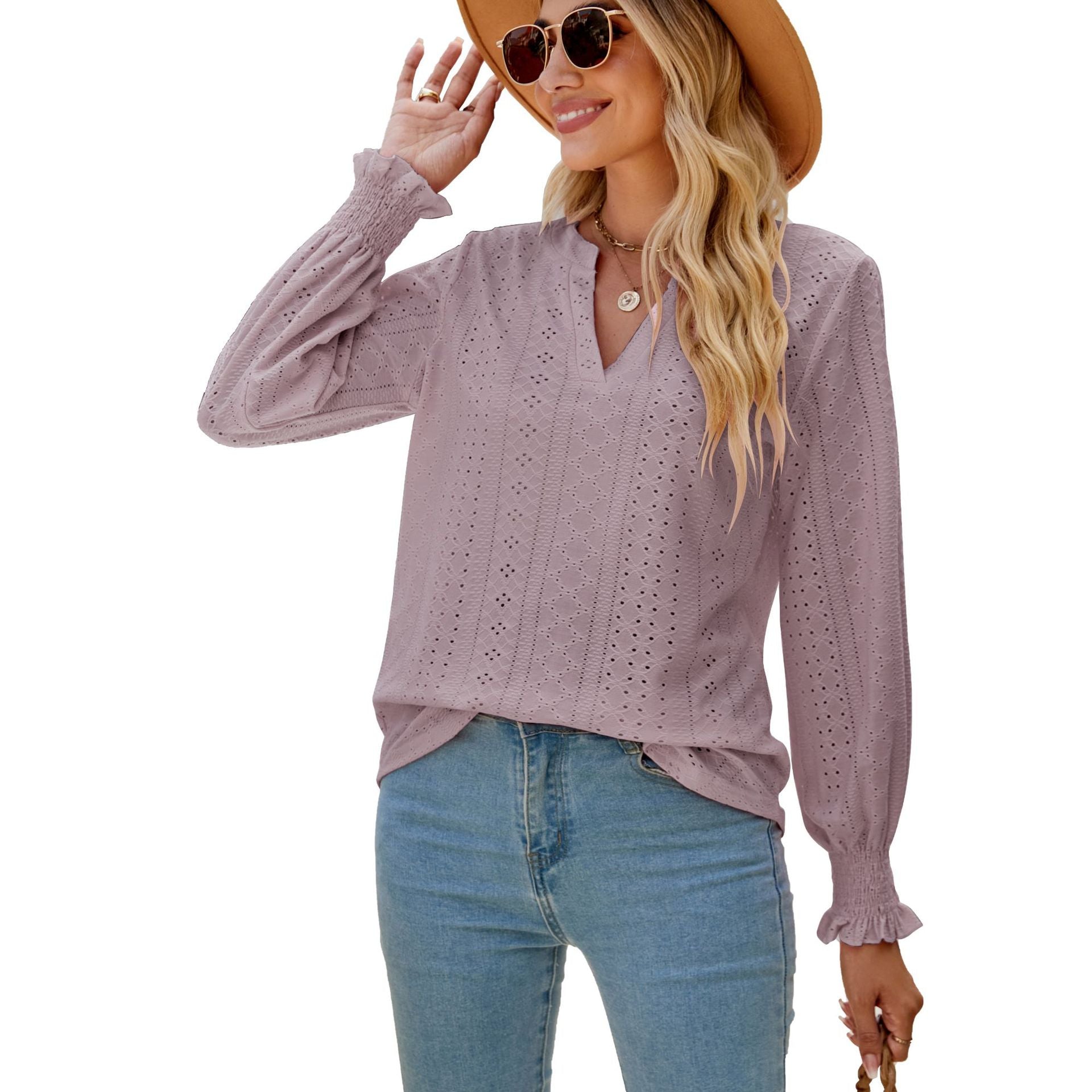 Solid Color Hollow-out Pleated Ruffle Sleeve V-neck Loose Blouses