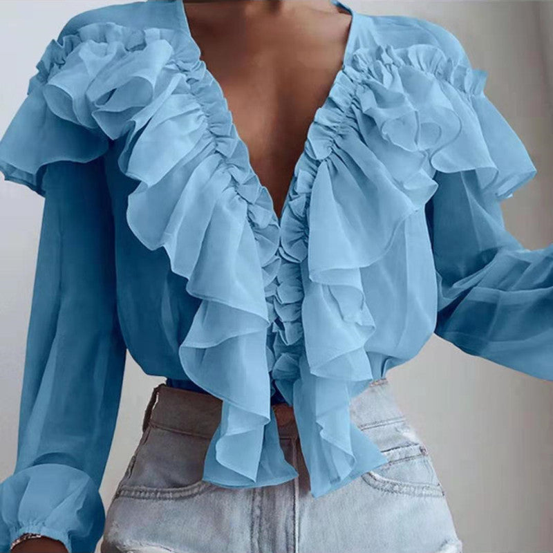 Ruffled Loose Pullover Chiffon Shirt White Blouses