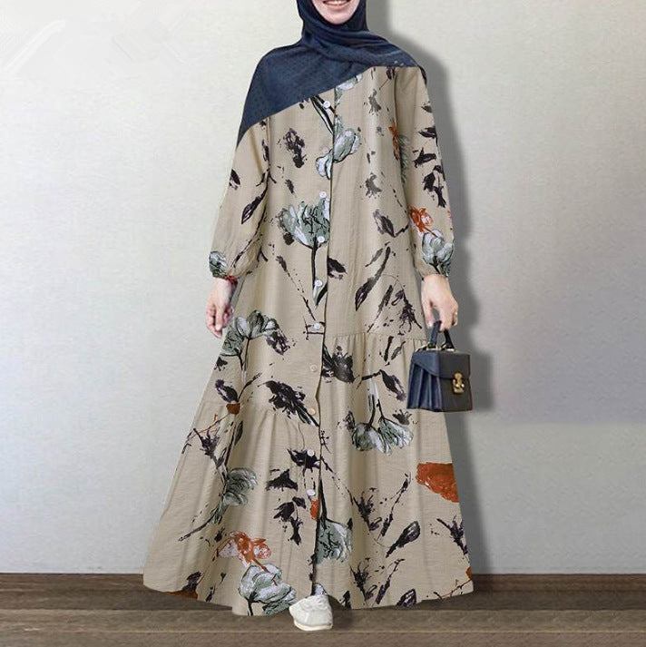 Women's Muslim Cotton Linen Long Sleeve Fashion Loose Casual Floral Dresses