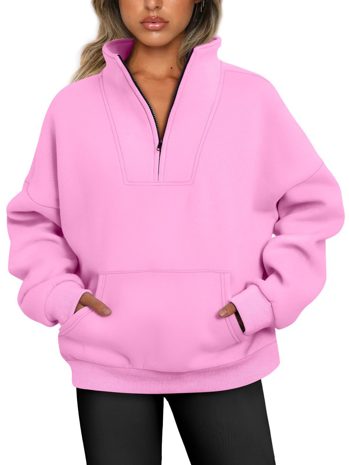 Women's Stand Collar Solid Color Hoodie Pocket Zipper Casual Sweaters