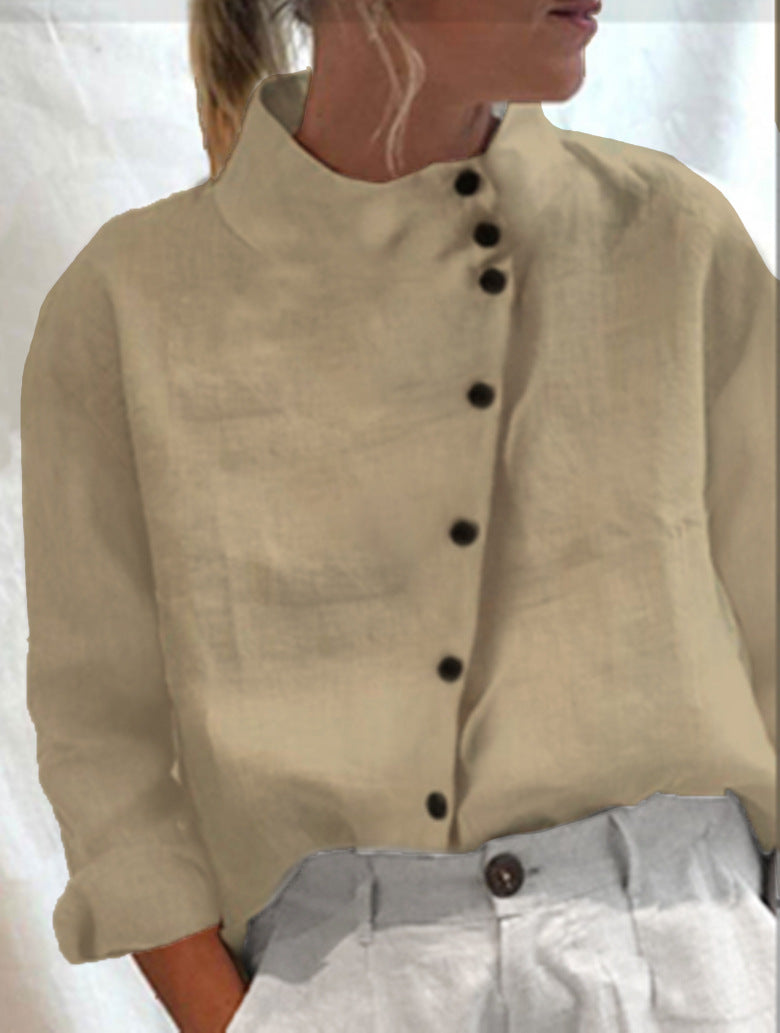 Women's Button Cotton Linen Stand Collar Casual Blouses