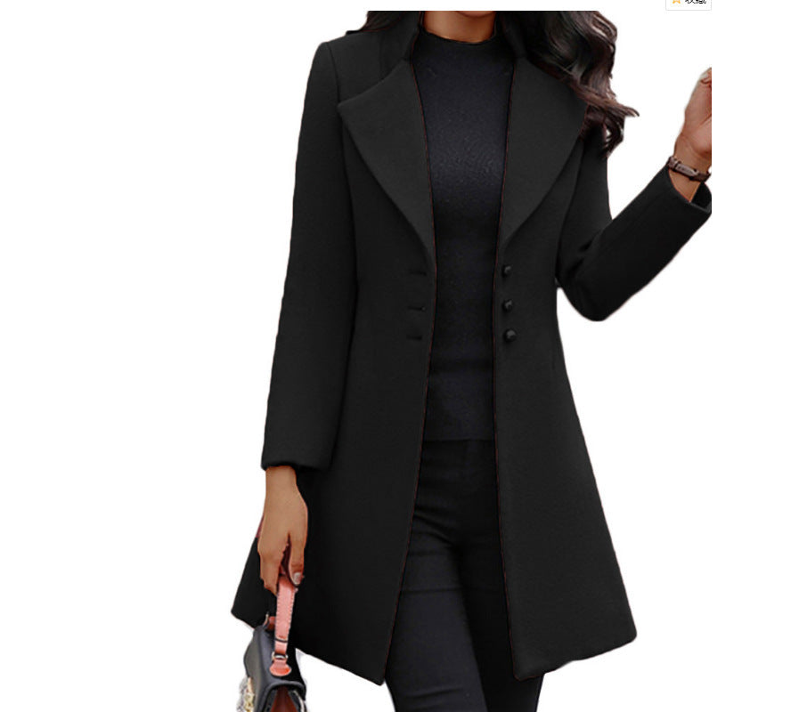 Women's Mid-length Lapel Slimming Solid Color Woolen Coats