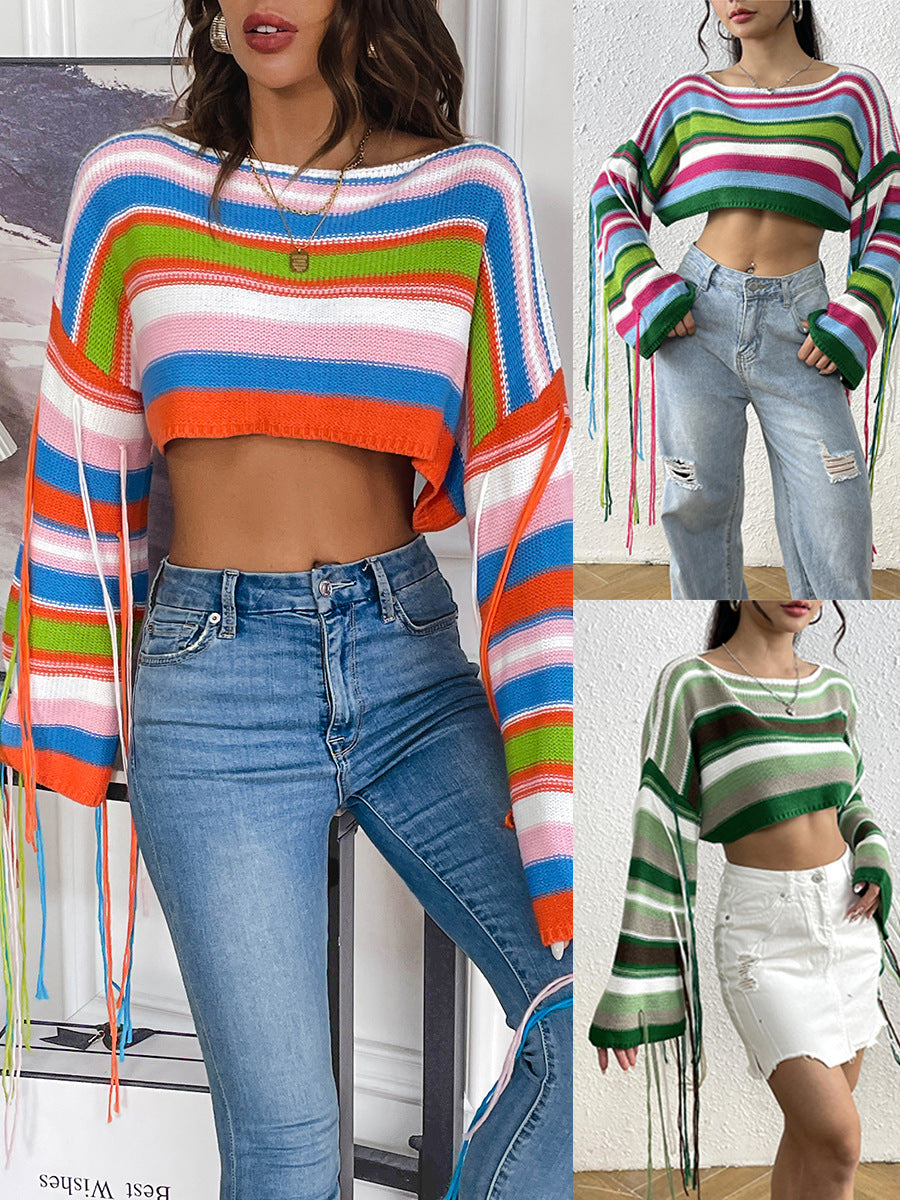 Women's Rainbow Striped Fringed Sexy Ultra Loose Sweaters