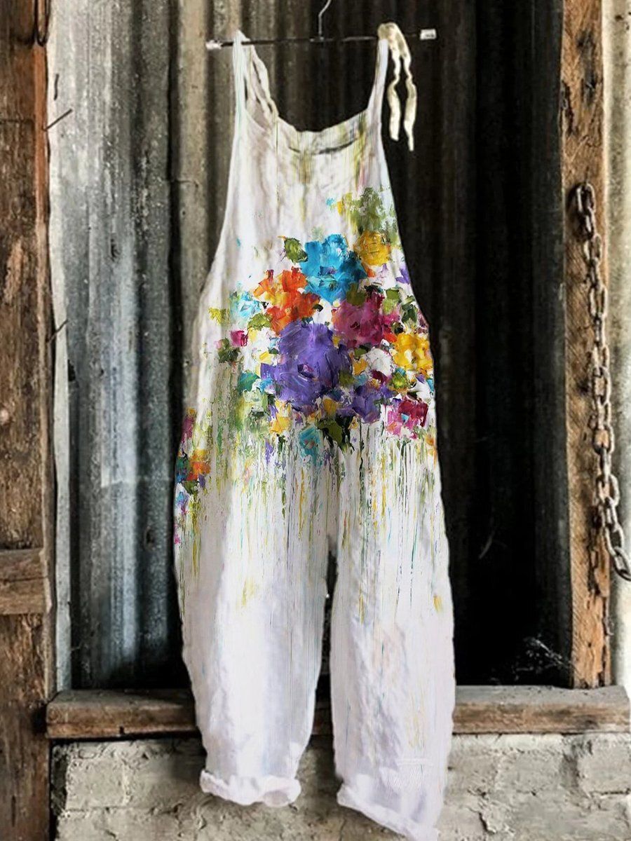 Women's Summer Slub Linen Vintage Print Wide Dresses