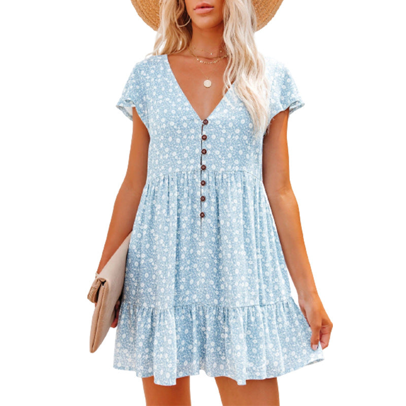 Women's V-neck Buttons Small Floral Sleeve Loose Casual Dresses