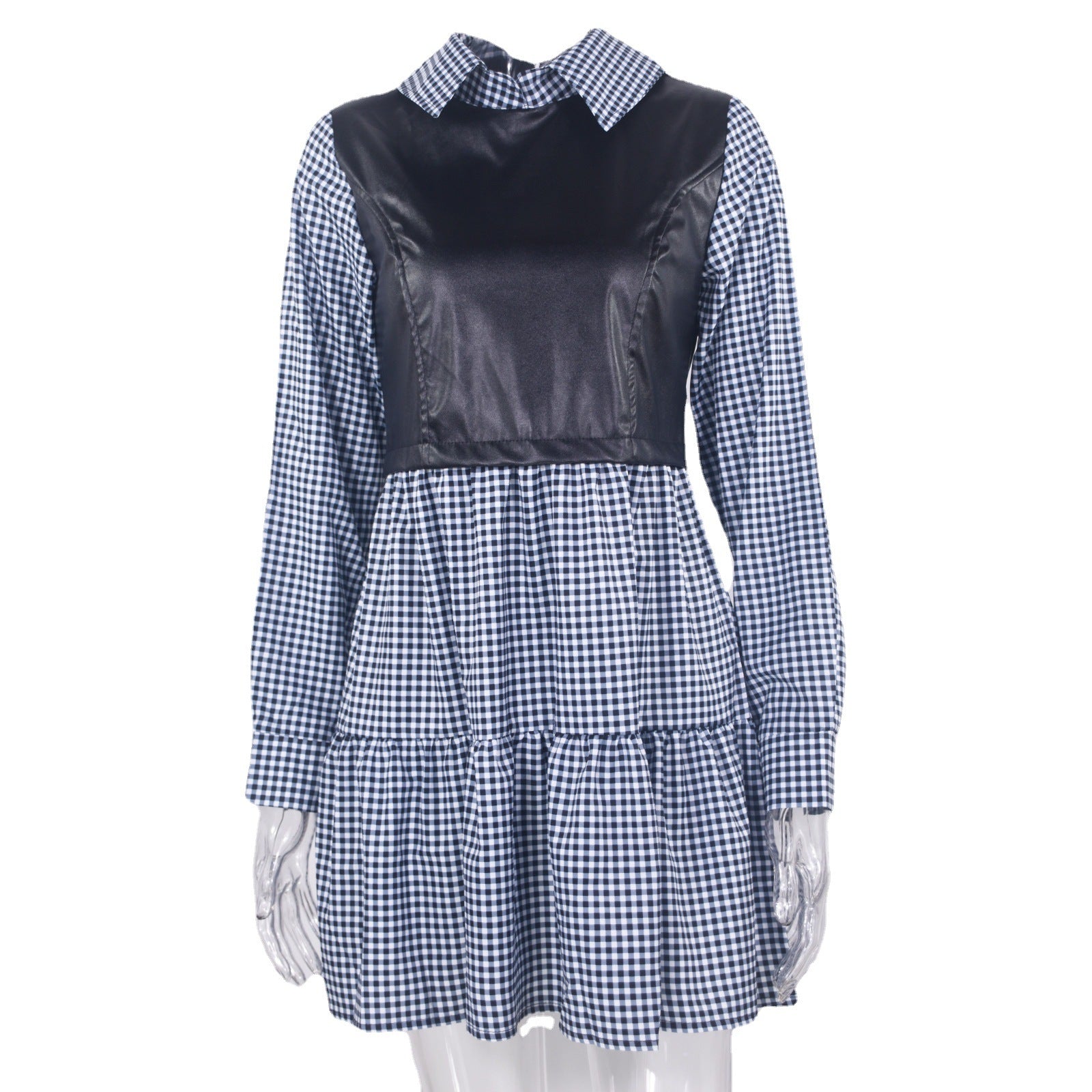 Women's Collar Stitching Printing Color Plaid Leather Dresses