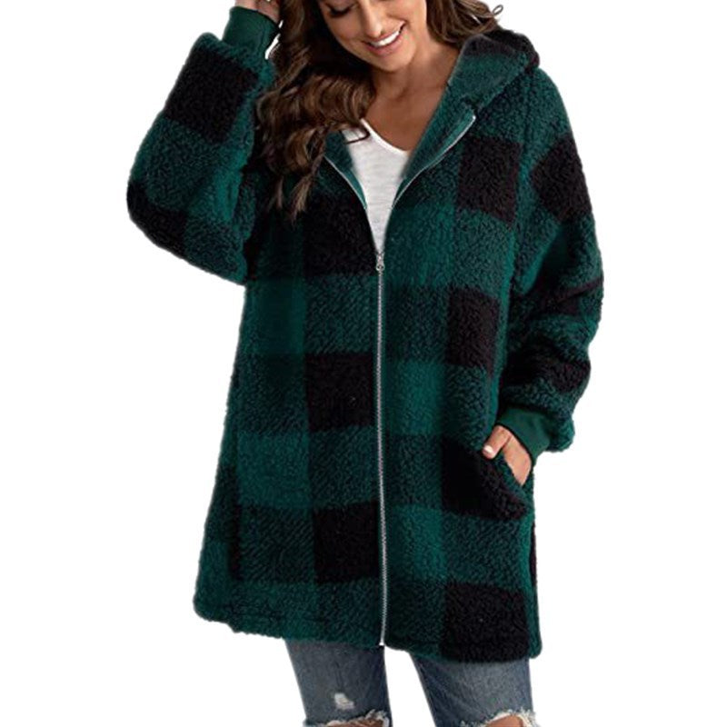 Women's Plush Long-sleeved Plaid Hooded Zipper With Jackets