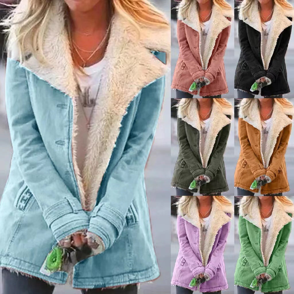 Women's Solid Color Plush Hooded Mid-length Coats