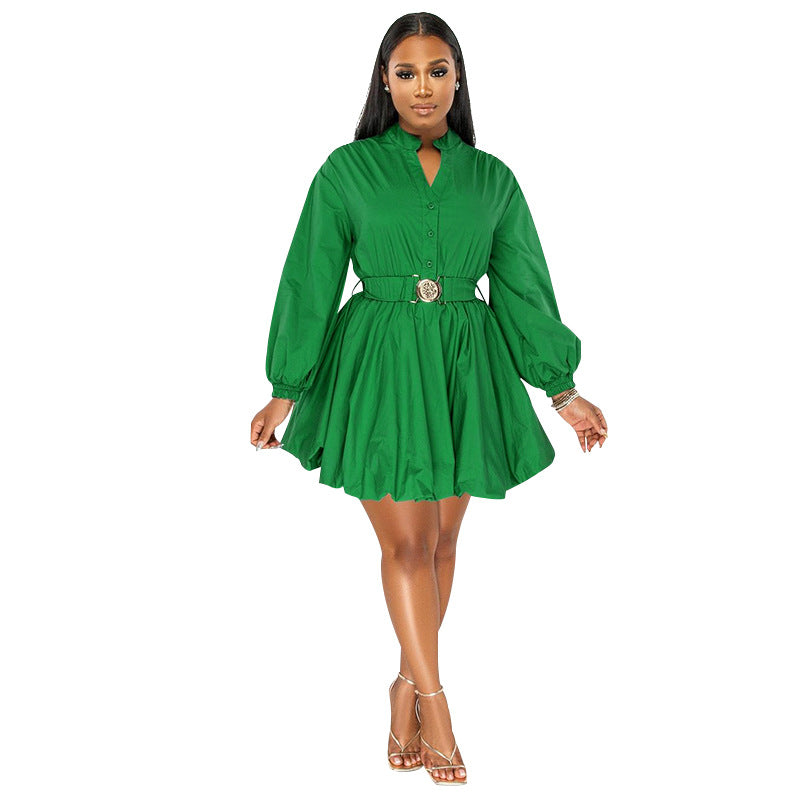 Women's Solid Color Collar Half Long Sleeve Fashion Waist Dresses