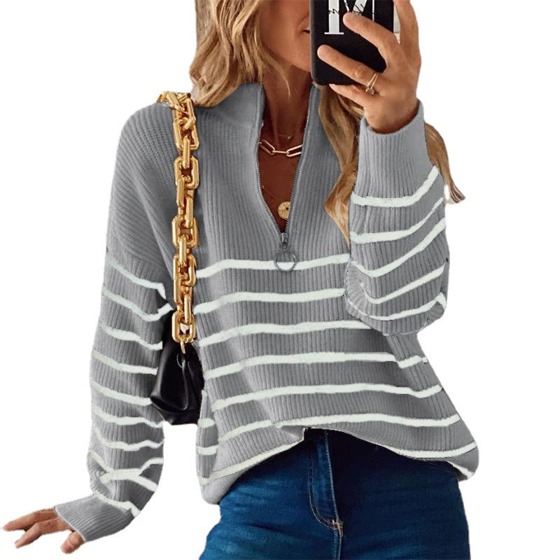 Women's Turtleneck Striped Color Matching Zipper Pullover Sweaters