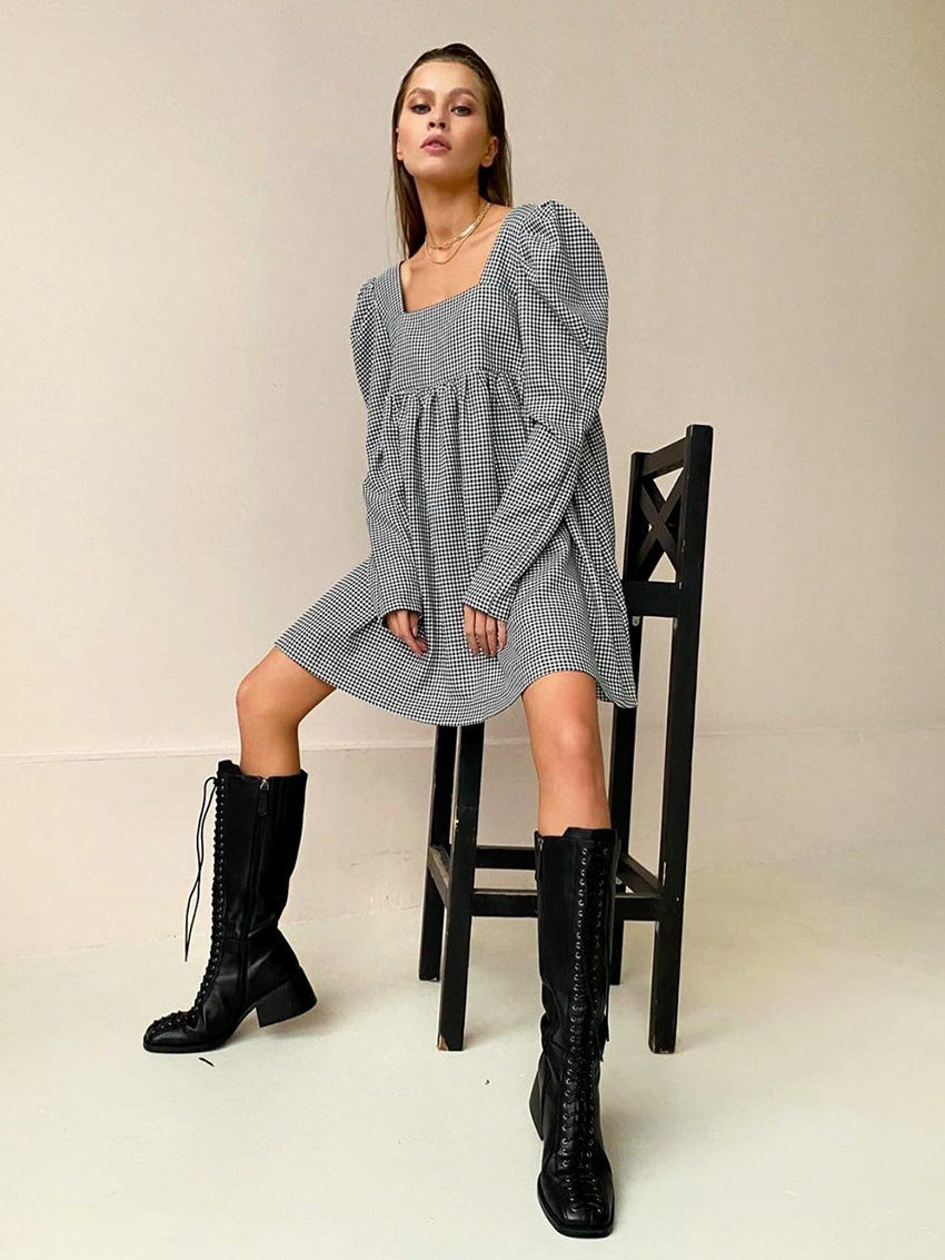 Women's Plaid Gray With Middle Waist Pullover Dresses