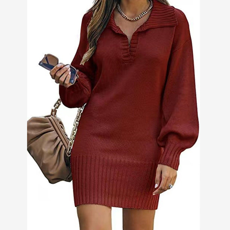 Women's Mid-length Lapel Lantern Sleeve Knitted Solid Sweaters
