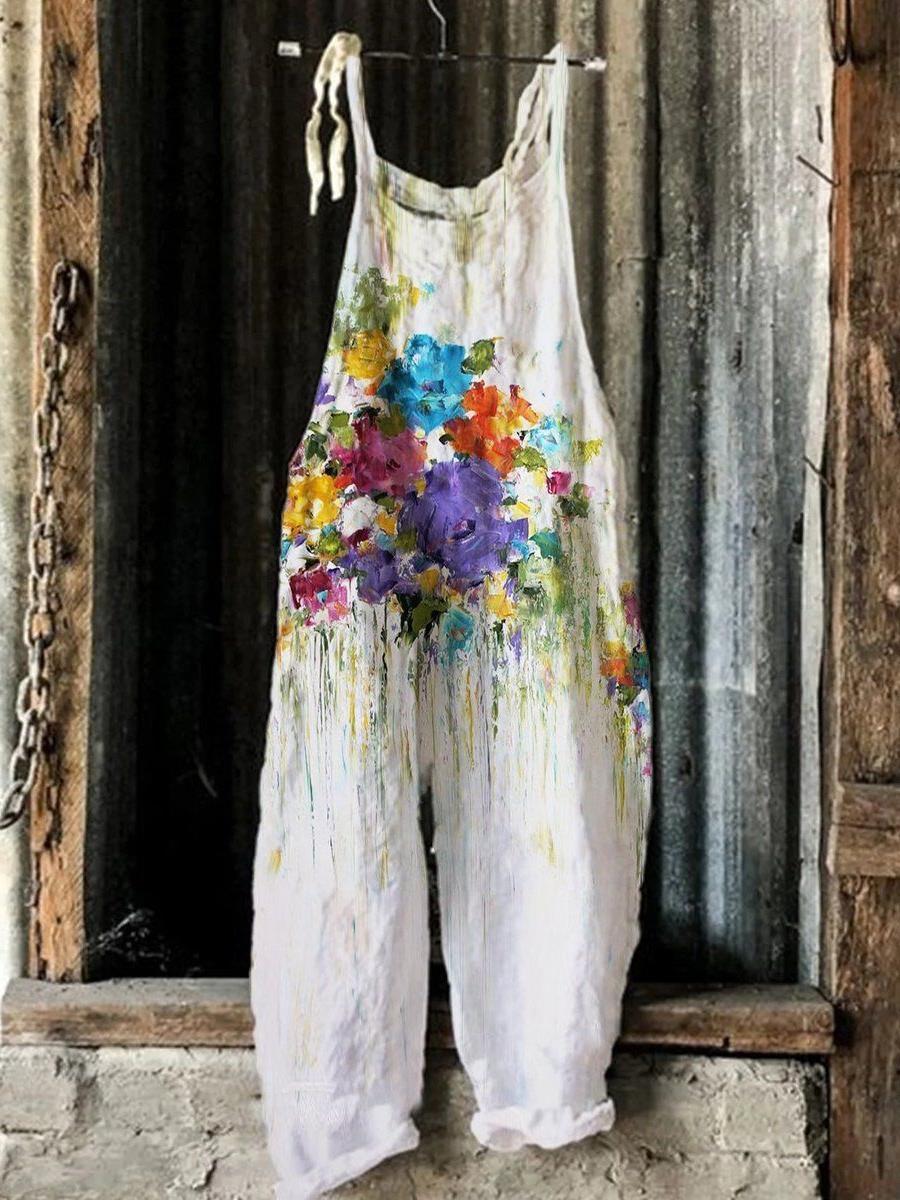 Women's Summer Slub Linen Vintage Print Wide Dresses