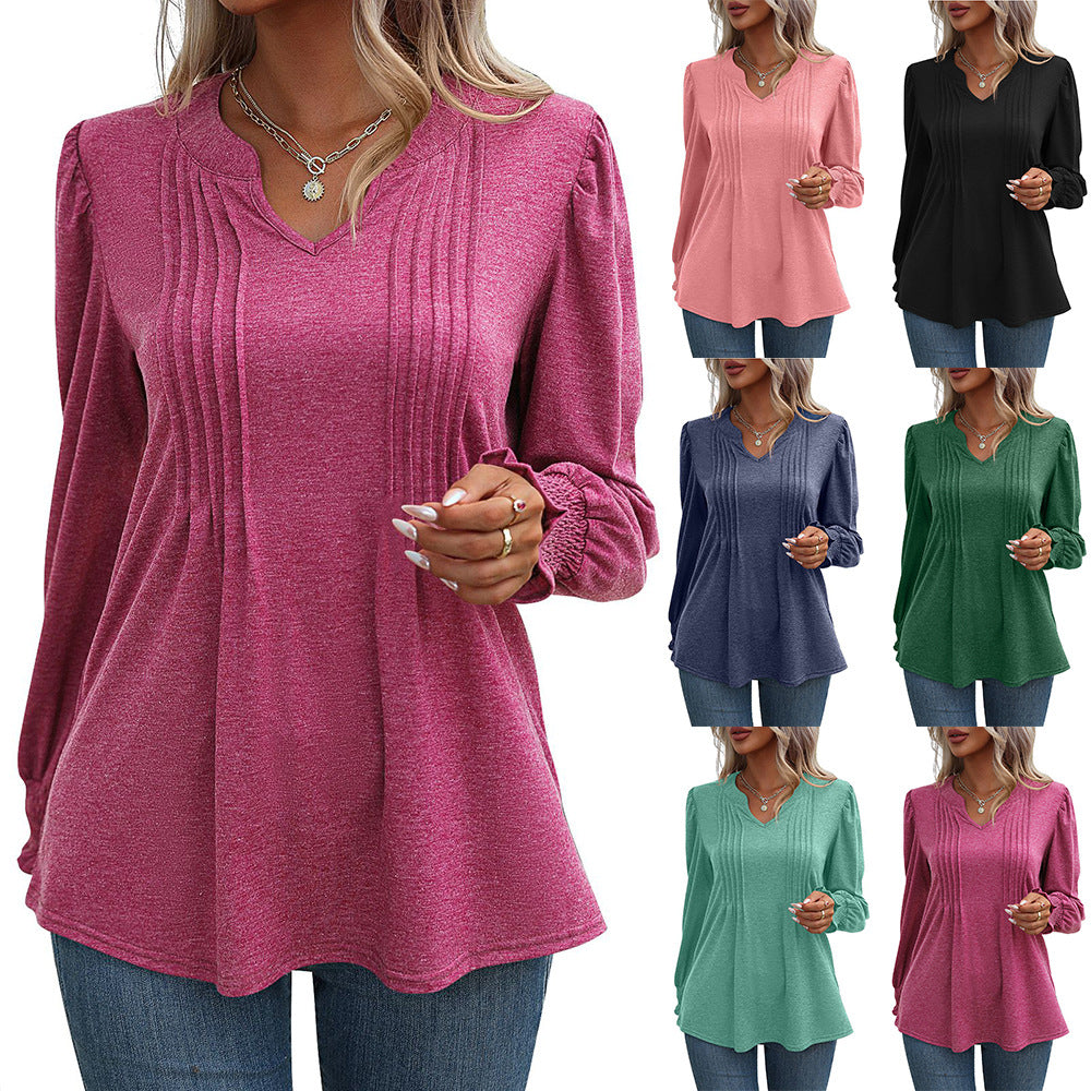 Women's Solid Color Casual Puff Sleeve Smocking Blouses