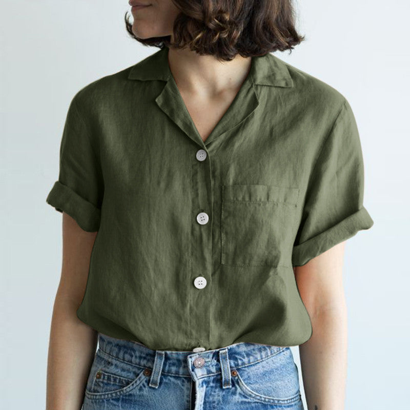 Women's Shirt Solid Color Cotton Linen Pocket Blouses