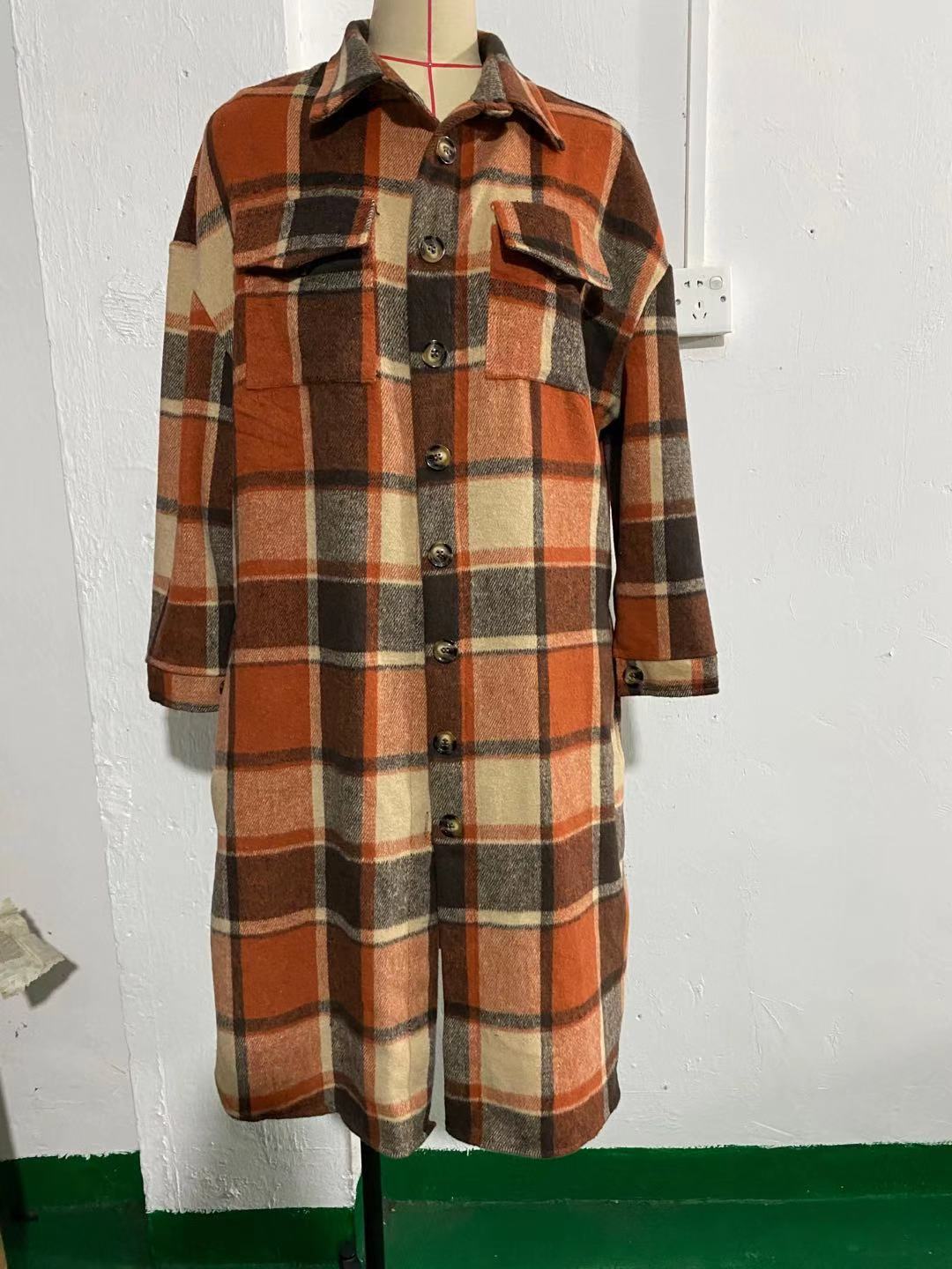 Women's Long Slit Woolen Plaid Trench Coats