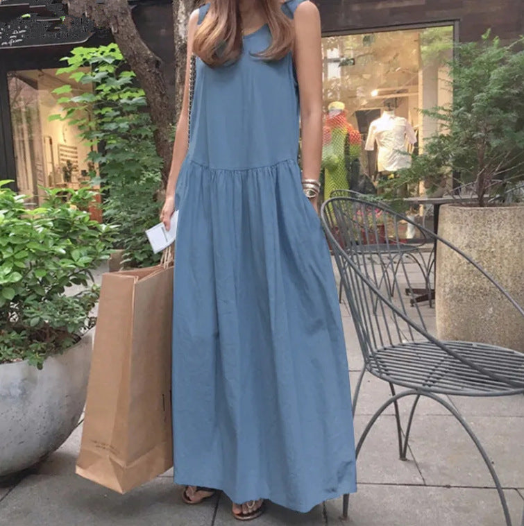 Casual Round Neck Sleeveless Loose Solid Color Dresses