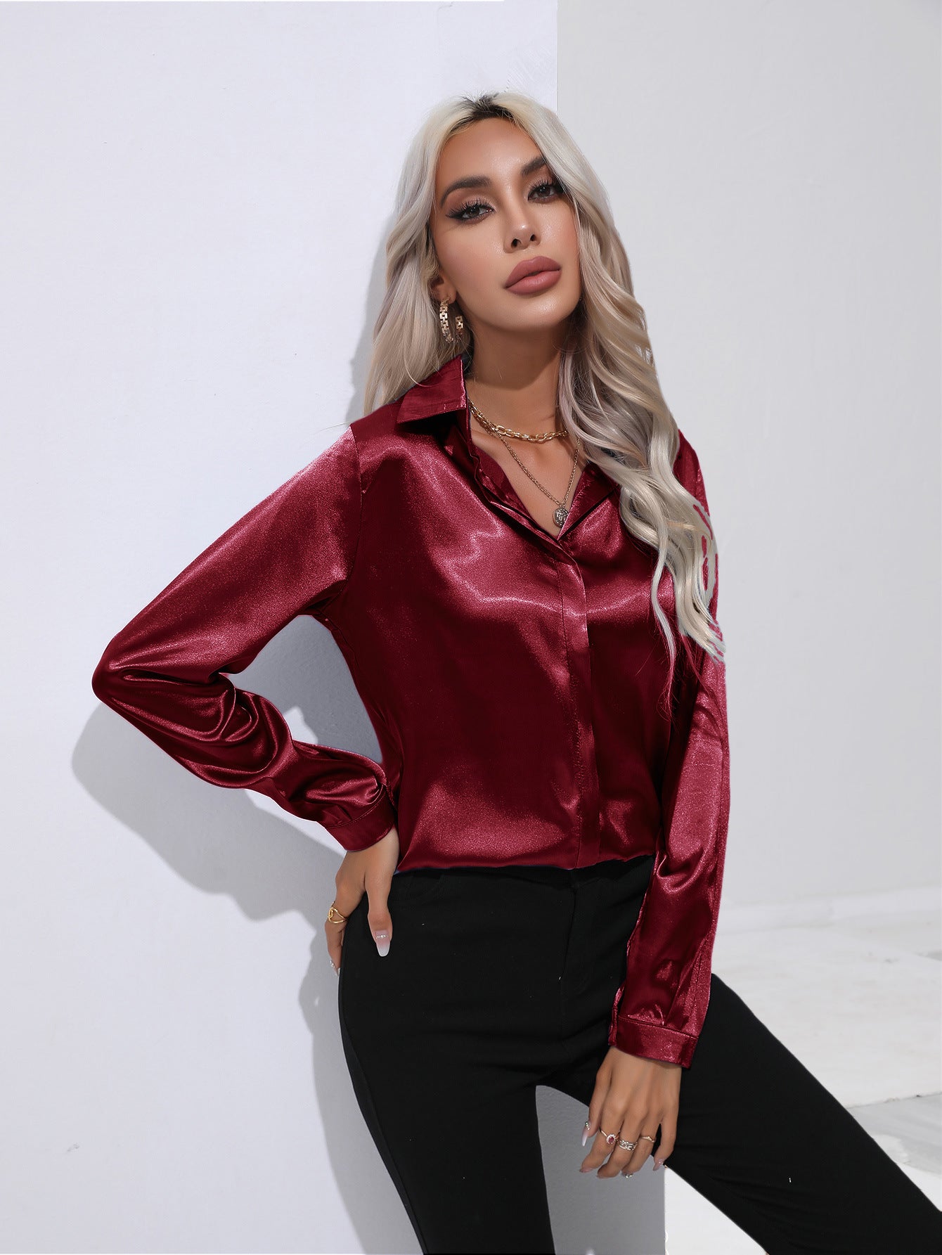 Women's One Button Satin Shirt Long Sleeve Blouses